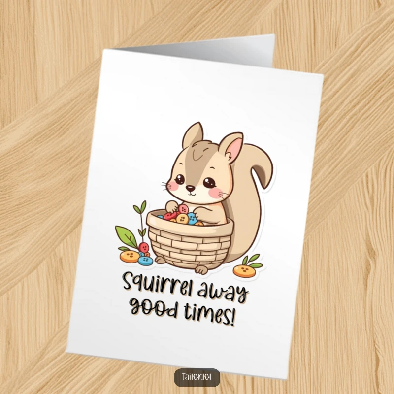 Funny Free Printable Squirrel Birthday Card: A playful squirrel gathers buttons in a basket.