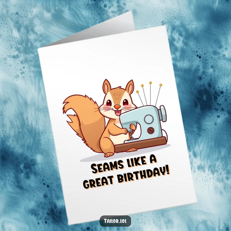 Funny free printable birthday card: A cheerful squirrel hilariously operates a sewing machine with comically large needles, celebrating birthdays.