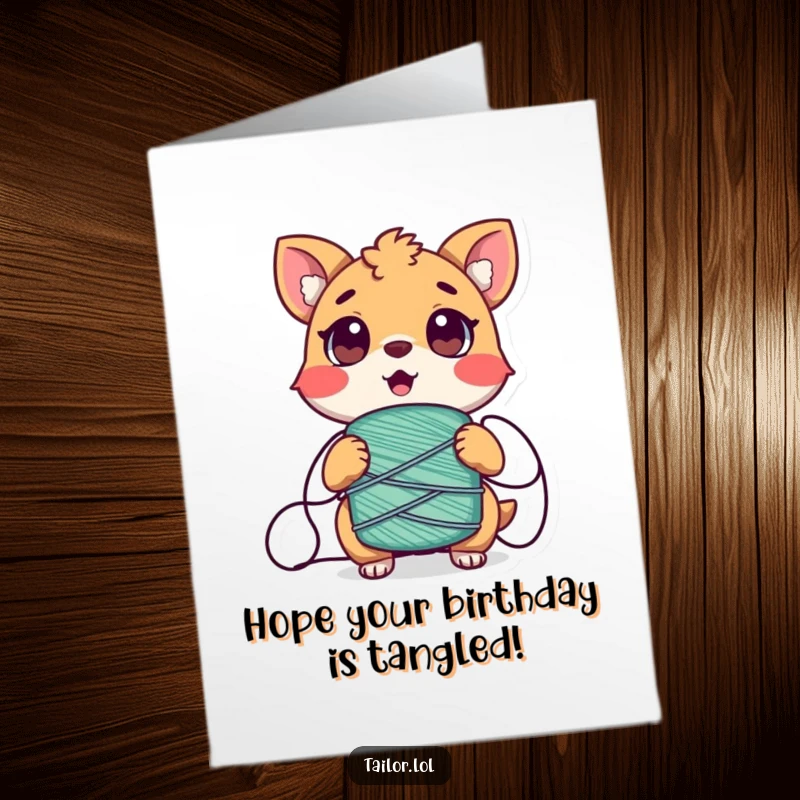 Funny Free Printable Birthday Card: An animal character comically tangled in a spool of thread, looking surprised.