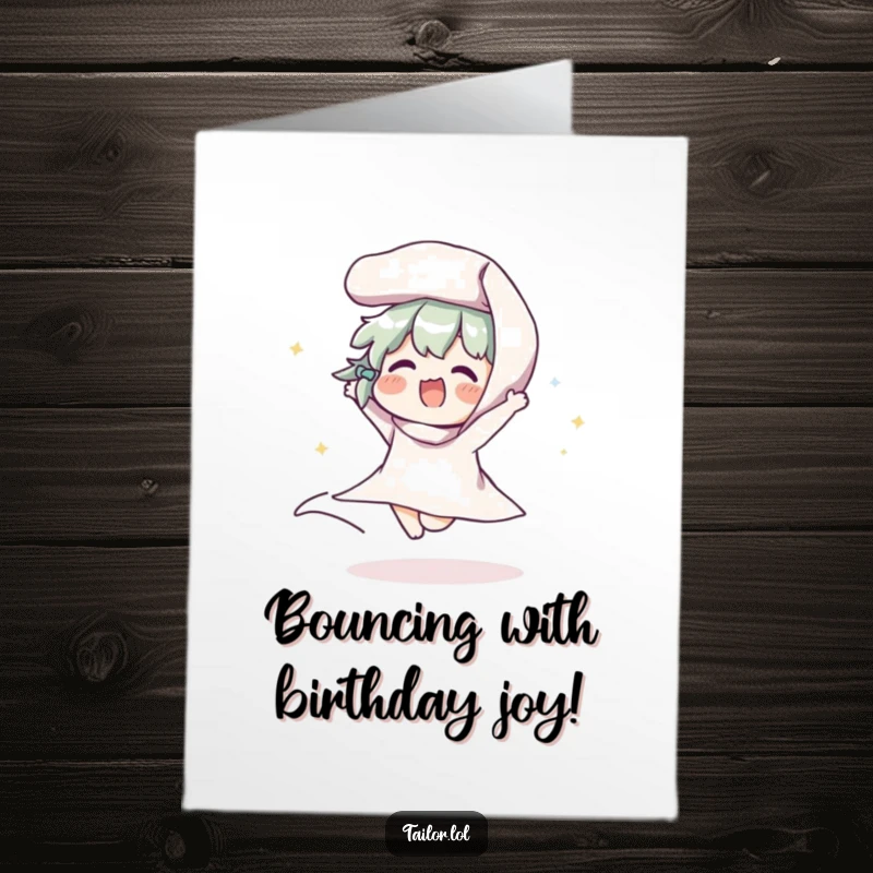 Funny Free Printable Birthday Card: Character joyfully bouncing a roll of fabric, celebrating with energetic enthusiasm.