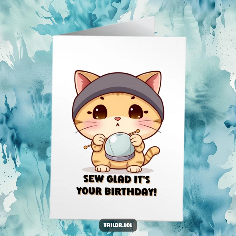 Funny free printable birthday card with a surprised cat wearing a thimble eyeing a giant needle, ready to sew.