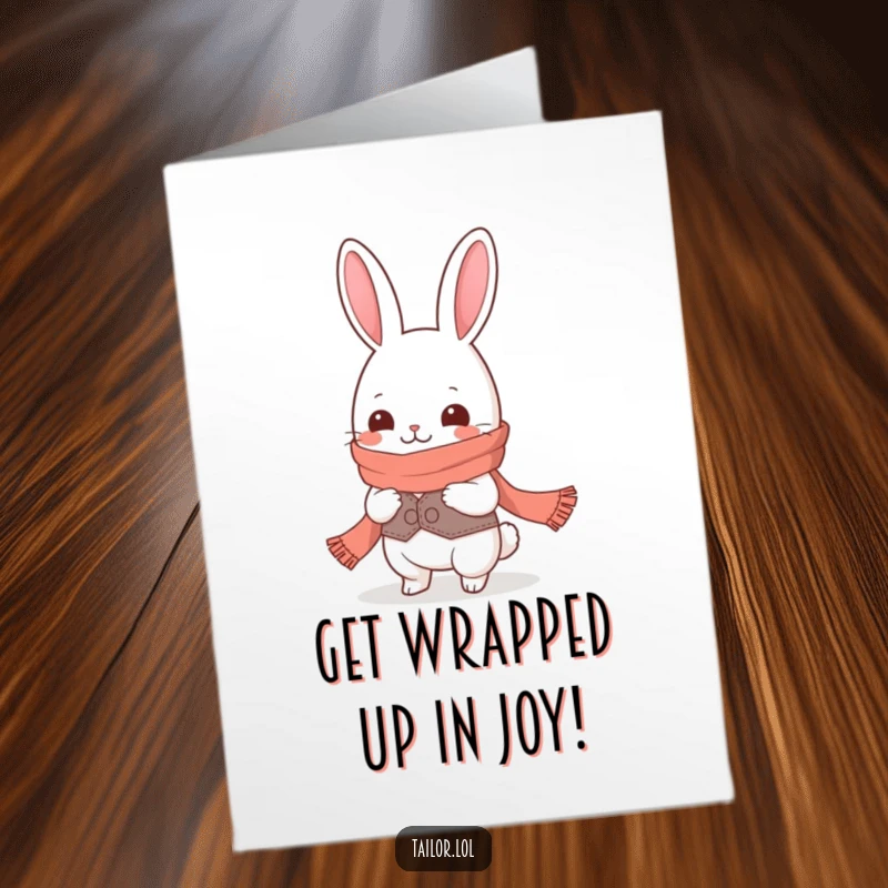 Funny Free Printable Birthday Card: Giggling Kawaii rabbit tailor measuring a comically long scarf, ready for laughs.