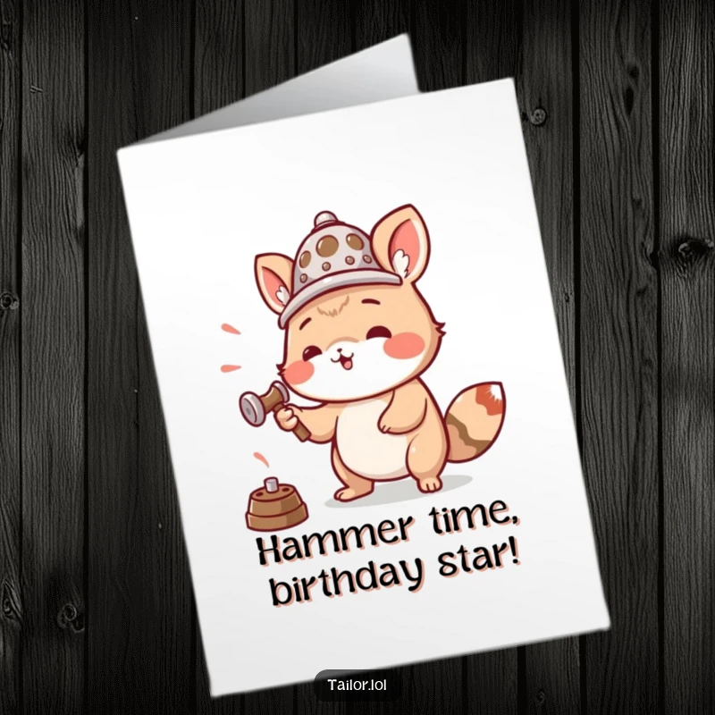 Funny Free Printable Birthday Card: Animal wearing a thimble hat, enthusiastically hammering to celebrate a birthday.
