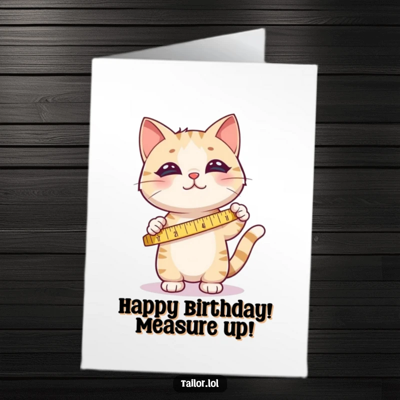 Funny Free Printable Cute Cat Card, happily measuring fabric with a tape measure for a birthday.