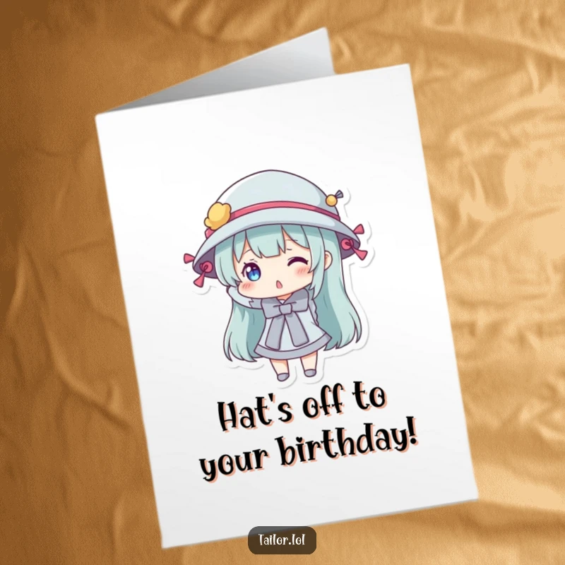 Funny Free Printable Birthday Card: A character playfully models a hat decorated with colorful sewing bobbins, celebrating your birthday.