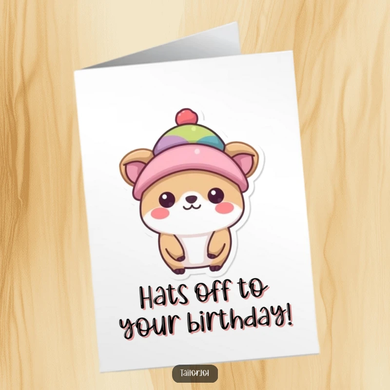 Funny Free Printable birthday card: a happy animal adorably modeling a tiny, colorful hat, ready for a festive celebration.