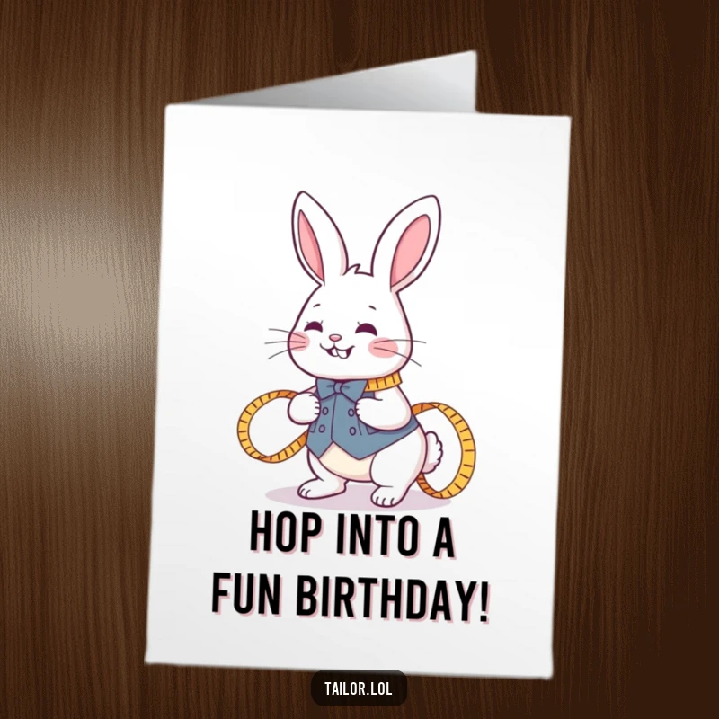 Funny Free Printable Birthday Card featuring a joyful rabbit tailor with a measuring tape, ready to celebrate.
