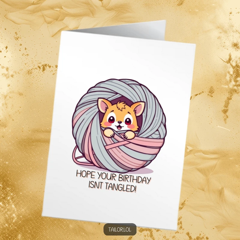 Funny Free Printable birthday card showing a surprised animal hilariously tangled in a giant ball of yarn.