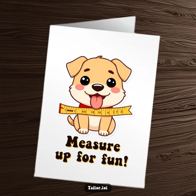 Funny Free Printable Birthday Card: A happy dog with its tongue out measuring a ribbon, ready for a paw-some celebration.