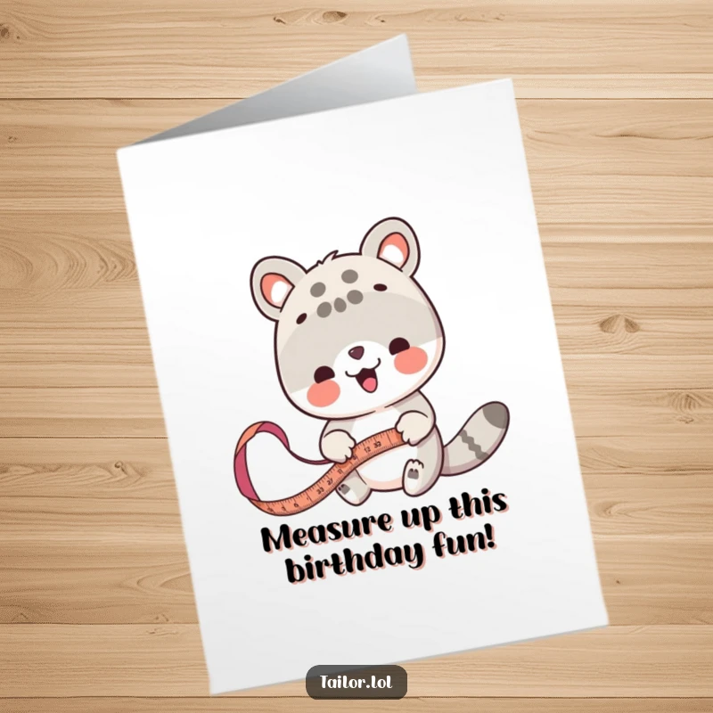 Funny Free Printable birthday card: a cute animal precisely measuring fabric with a comically large tape measure, ready for celebration.