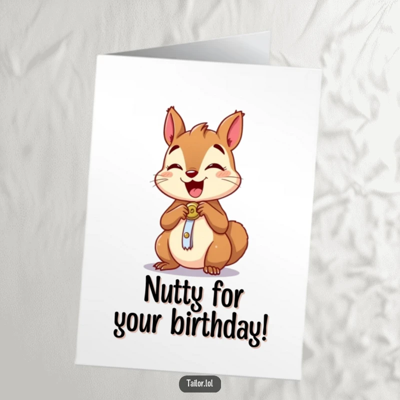 Funny Free Printable Birthday Card: Excited squirrel quickly sewing a button onto a miniature garment, a delightful crafting celebration.