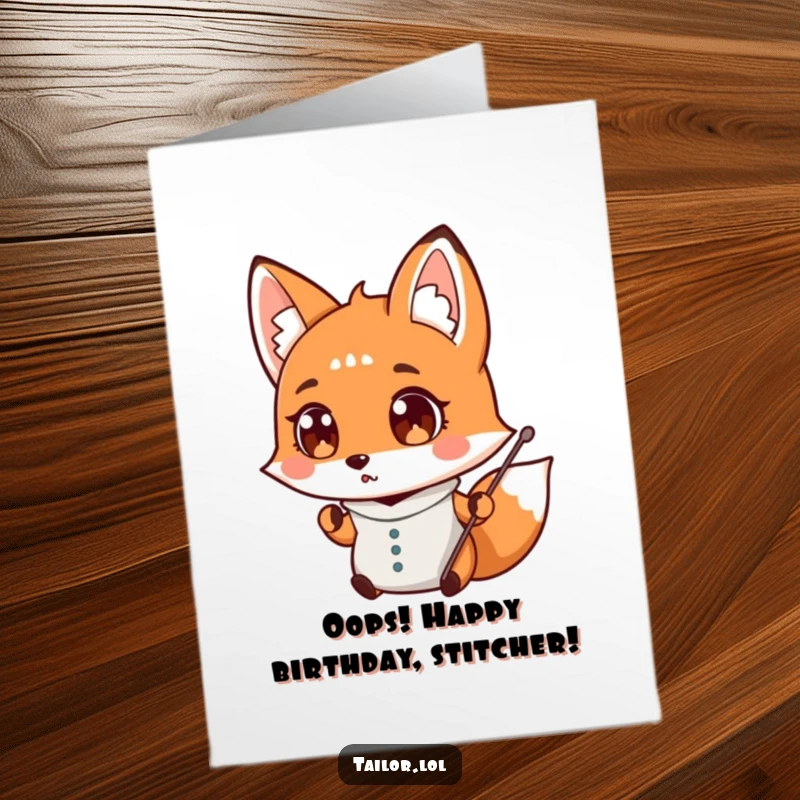 Funny Free Printable Birthday Card featuring a surprised fox tailor fumbling with a dropped needle, perfect for gift.