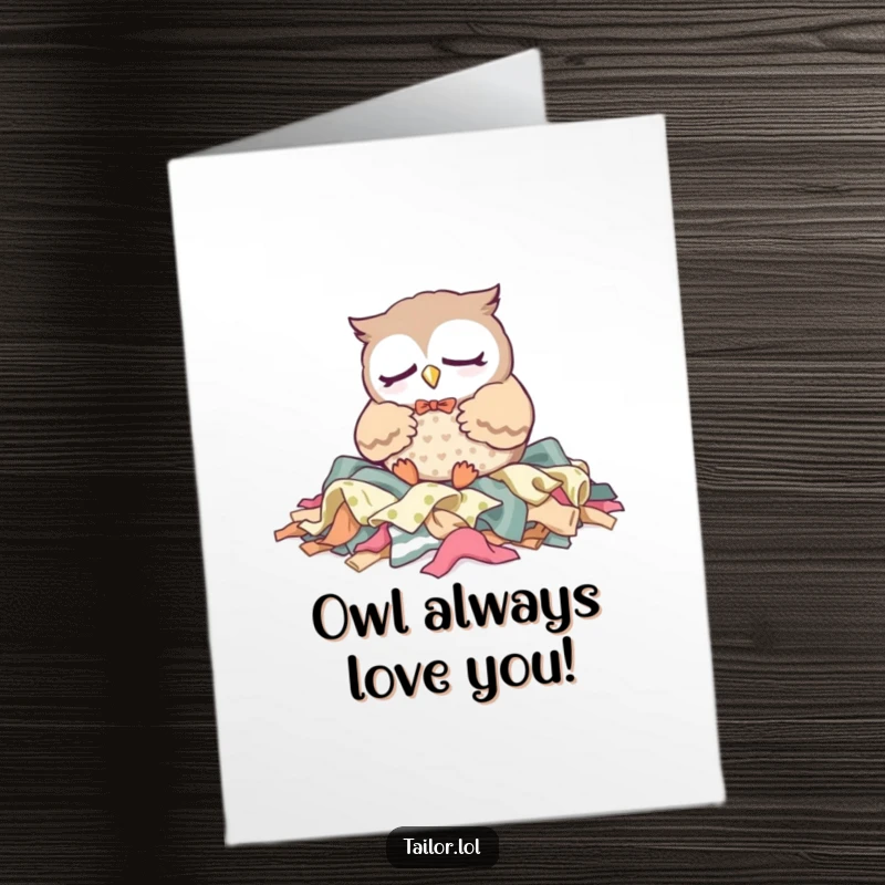 Funny Free Printable Birthday Card: Sleepy Kawaii owl tailor character is dozing peacefully on a pile of colorful fabric scraps.