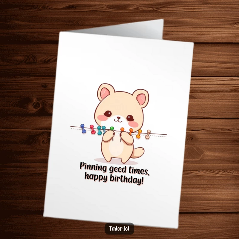 Funny Free Printable Birthday Card: Cute animal character happily pinning fabric with colorful pins, celebrating creativity.