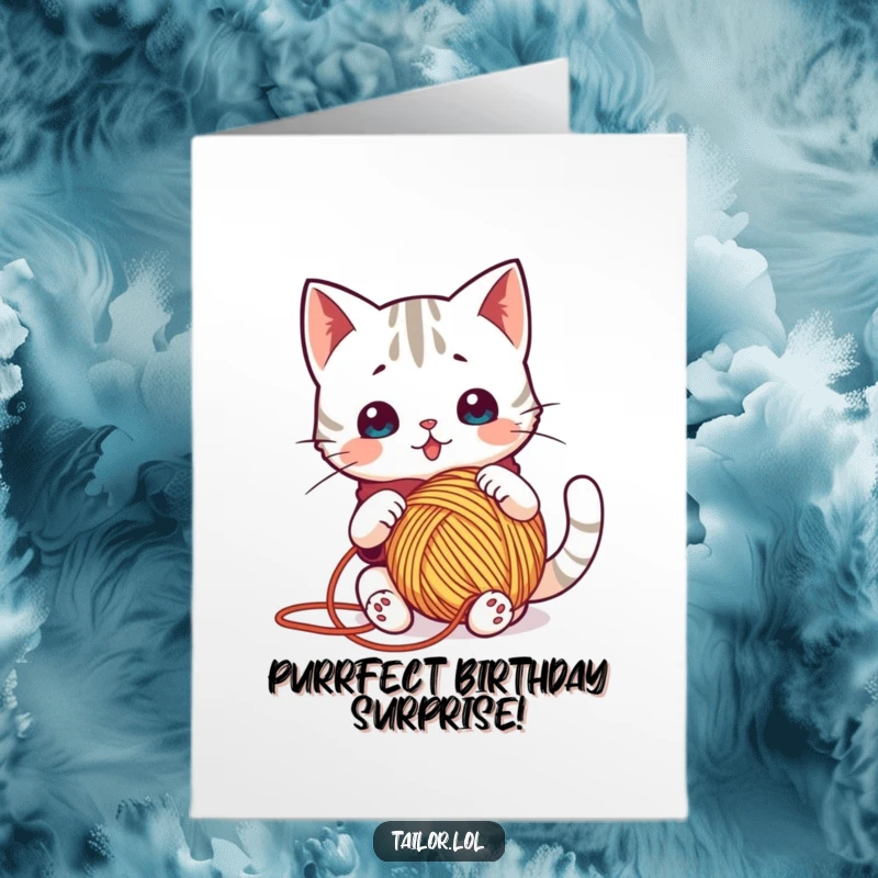 Funny Free Printable Birthday Card showing a surprised Kawaii cat tailor hopelessly tangled in a giant ball of colorful yarn.