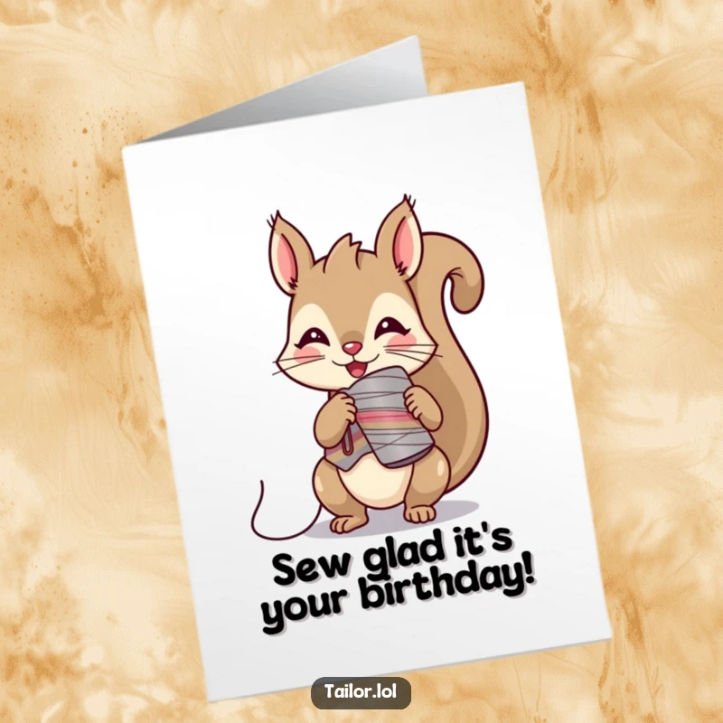 Funny Free Printable Birthday Card: Mischievous Kawaii squirrel tailor character sneakily steals a spool of thread, adding playful mischief.