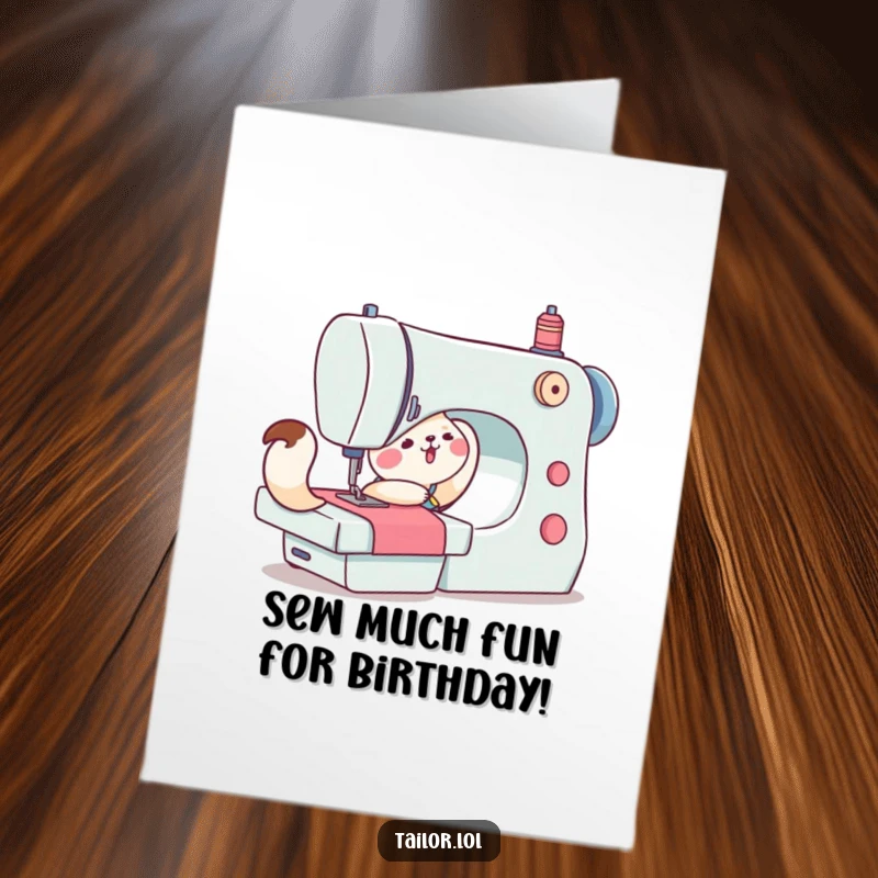 Funny Free Printable Birthday Card: A cute animal character struggles mightily to push a very large sewing machine with effort.