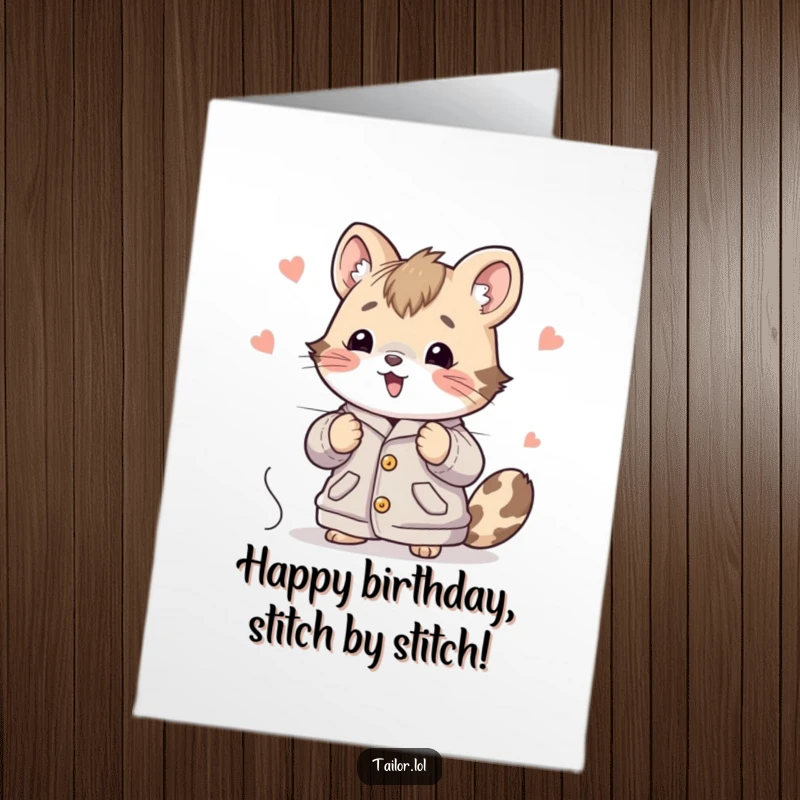 Funny Free Printable Birthday Card: Cute animal character happily embroiders a giant piece of fabric with great enthusiasm.