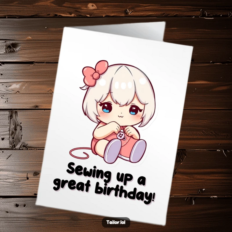 Funny Free Printable Birthday Card: Winking character skillfully sewing a button onto a tiny shoe with a mischievous grin.