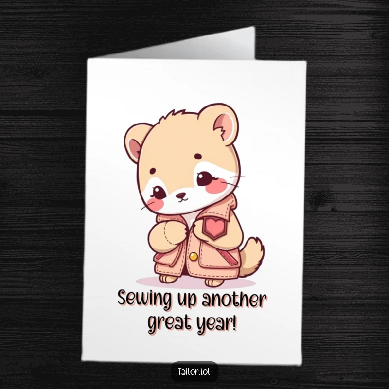 Funny Free Printable Birthday Card: Cute animal character intently sewing a patch onto a tiny jacket, celebrating DIY spirit.