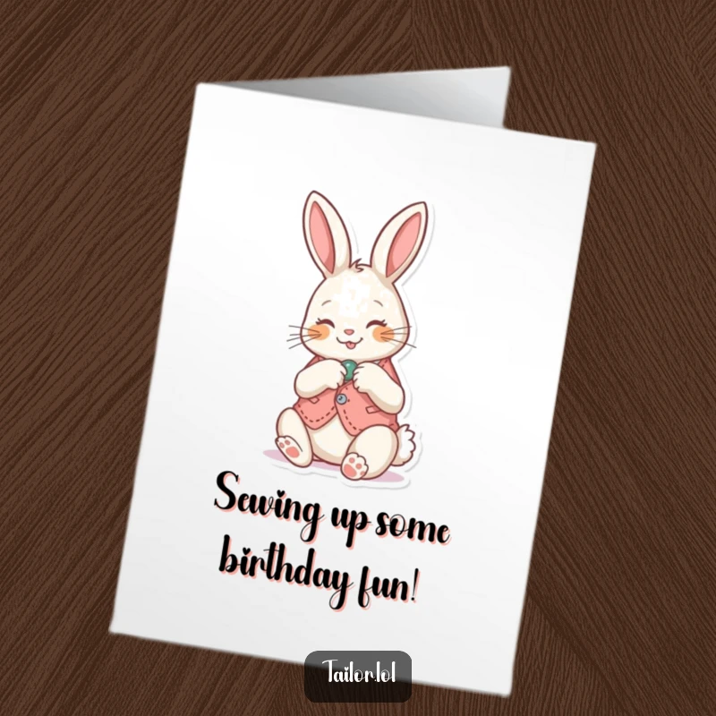 Funny free printable birthday card: A joyful bunny meticulously sews a button onto a miniature vest, ready for a celebration.