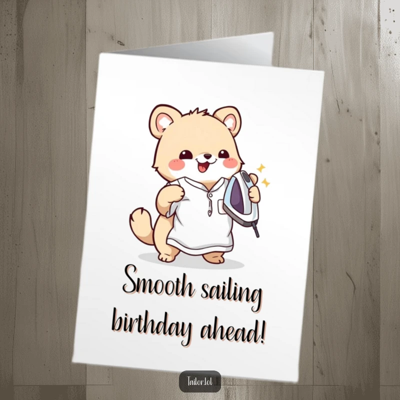 Funny Free Printable Birthday Card: A cute animal character happily and meticulously ironing a very wrinkled shirt with a smile.