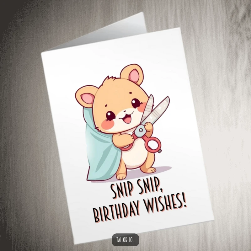 Funny Free Printable Animal Tailor Birthday Card, happily snipping fabric, large sparkling scissors, a DIY creative gift.