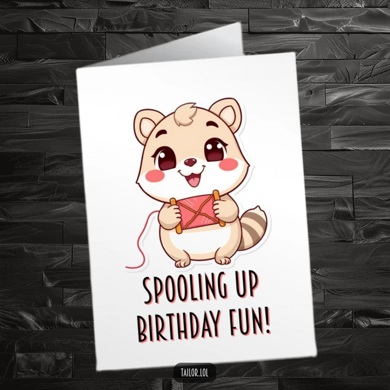 Funny Free Printable Birthday Card: Cute animal character holding a spool of thread with a wide, cheerful grin, ready for celebration.