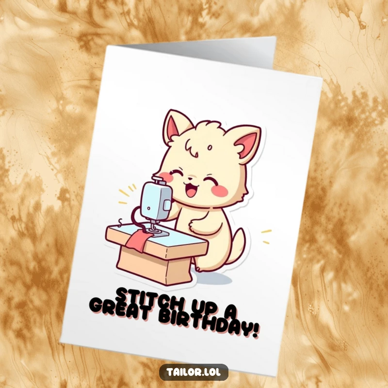Funny Free Printable birthday card: a joyful animal zipping through a project on a sewing machine at incredible speed.