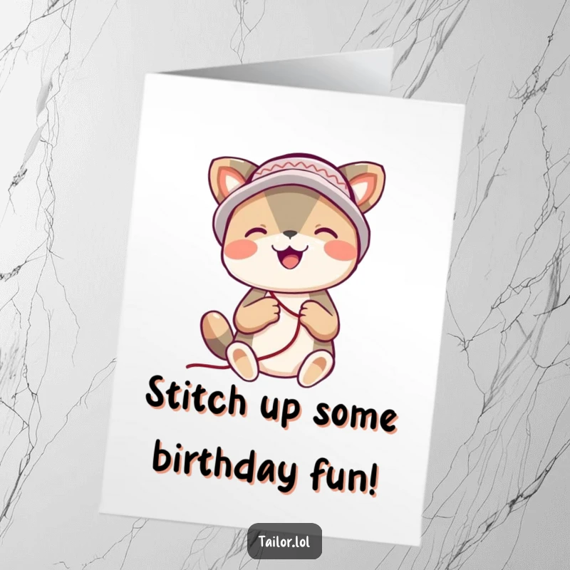 Funny Free Printable birthday card featuring a joyful animal wearing a thimble hat and happily stitching with focus.