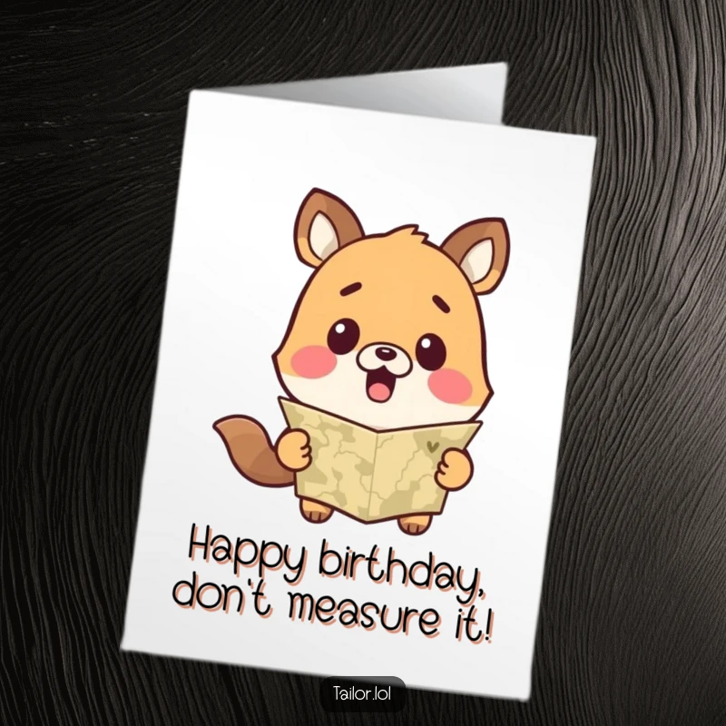 Funny Free Printable Birthday Card: Cute animal character looks shocked at a measuring tape, eyes wide with surprise.