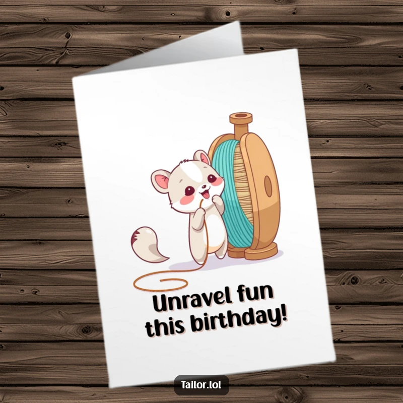 Funny free printable birthday card with an animal character playfully tugging a thread from a giant spool. Whimsical, humorous downloadable greeting.
