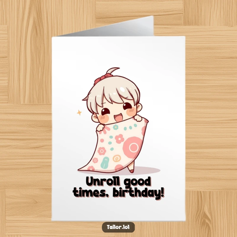 Funny Free Printable Birthday Card: A character beams with excitement while unrolling a huge bolt of colorful patterned fabric.