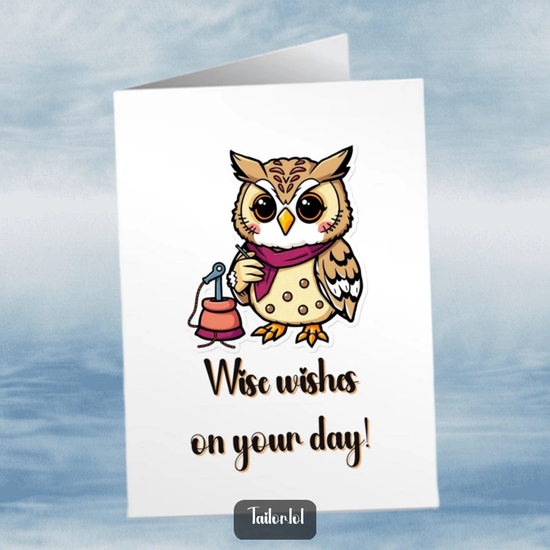 Funny Free Printable Birthday Card showing a cheerful owl tailor expertly stitching a colorful patch, a crafty delight.