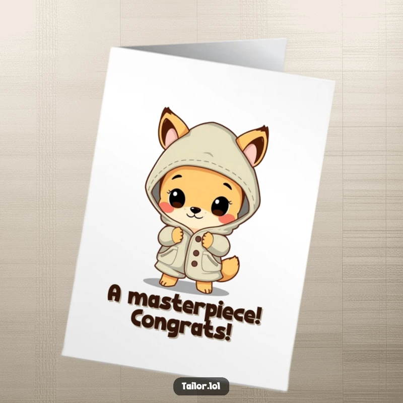 Funny Free Printable congratulations card of a curious animal admiring a large, exquisitely stitched garment.