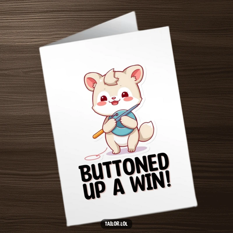 Funny Free Printable congratulations card of a playful animal using an oversized needle to sew on a button.