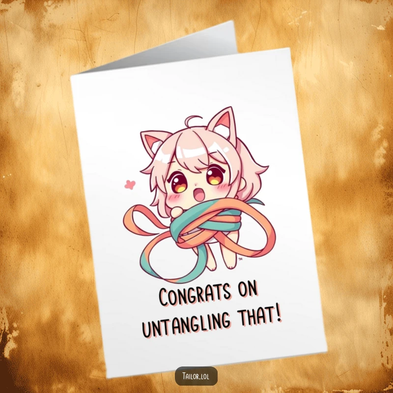 Funny Free Printable Congrats Card: Surprised character humorously tangled in a ribbon, celebrating success with a laugh.