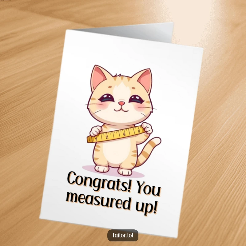 Funny Free Printable Cute Cat Card, measuring fabric to celebrate success and achievements.