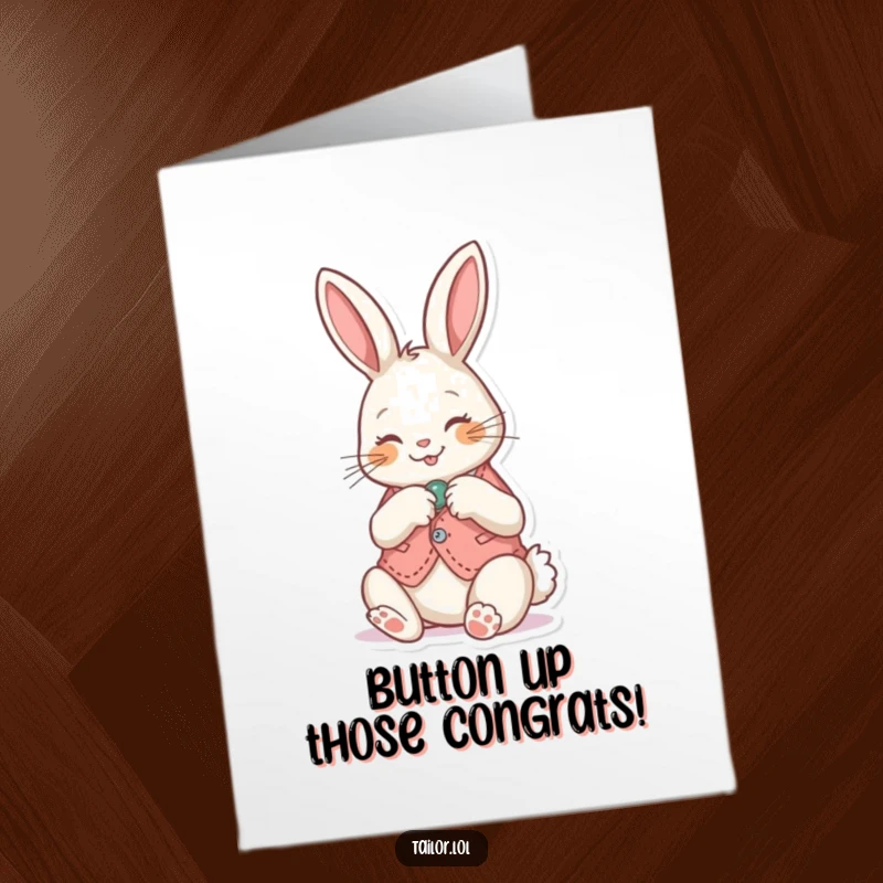 Funny free printable congratulations card: A happy bunny diligently sewing a button onto a small vest, celebrating an achievement.