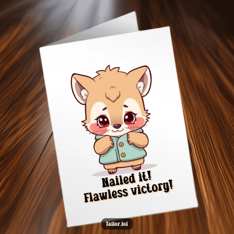 Funny Free Printable Congratulations Card: Curious animal character intently examining a garment with a critical, judgmental look, celebrating via download.