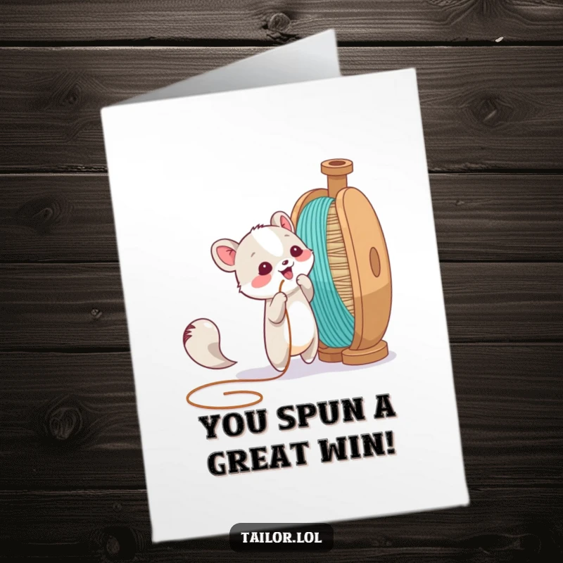 Funny free printable congratulations card showing an animal character tugging a thread from a giant spool. Perfect for celebrating playfully.