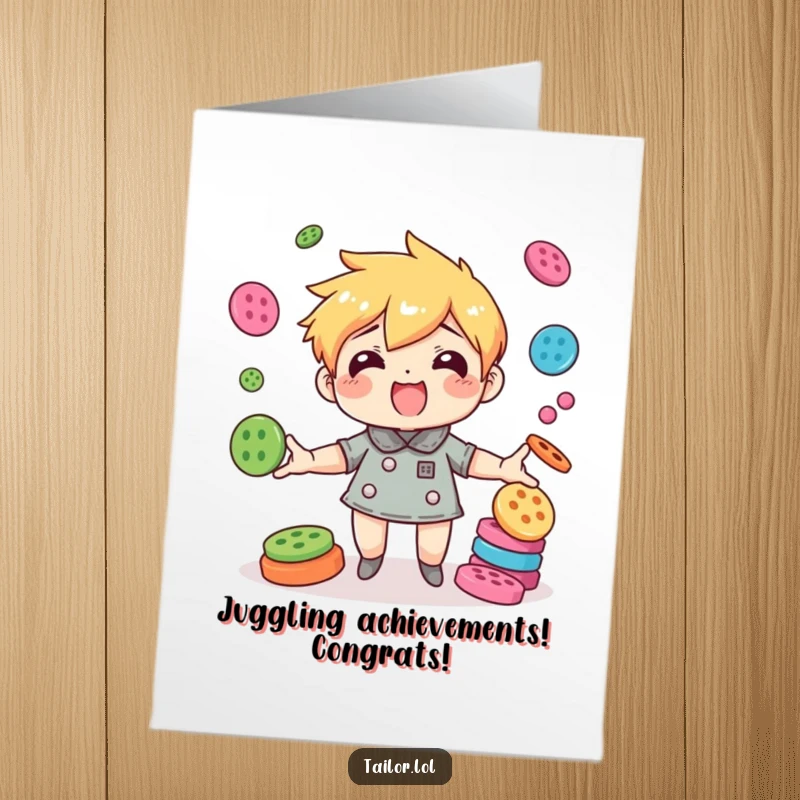 Funny Free Printable Congratulations Card: Agile character comically juggling colorful buttons, celebrating a great achievement.