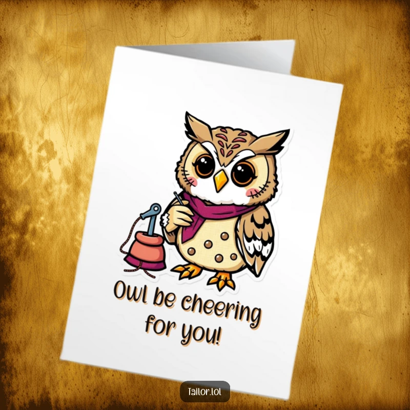 Funny Free Printable Congratulations Card featuring a cheerful owl tailor focused on stitching a colorful patch, celebrating success.