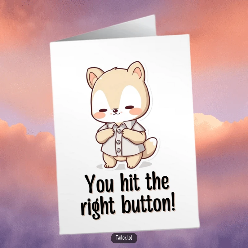 Funny Free Printable Congratulations Card: Cute animal character struggling to adjust a tiny button on a small shirt, celebrating success.