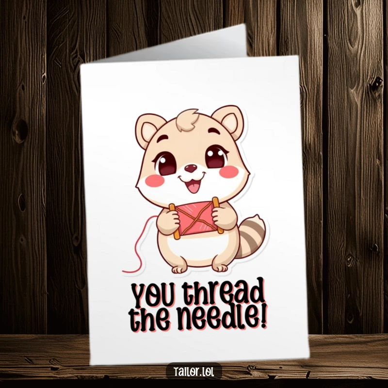 Funny Free Printable Congratulations Card: Cute animal character grinning while holding a spool of thread, celebrating success.
