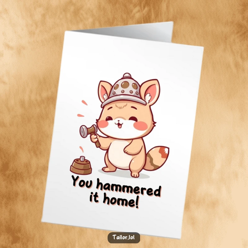 Funny Free Printable Congrats Card: Animal in a thimble hat, hammering with gusto to congratulate someone.