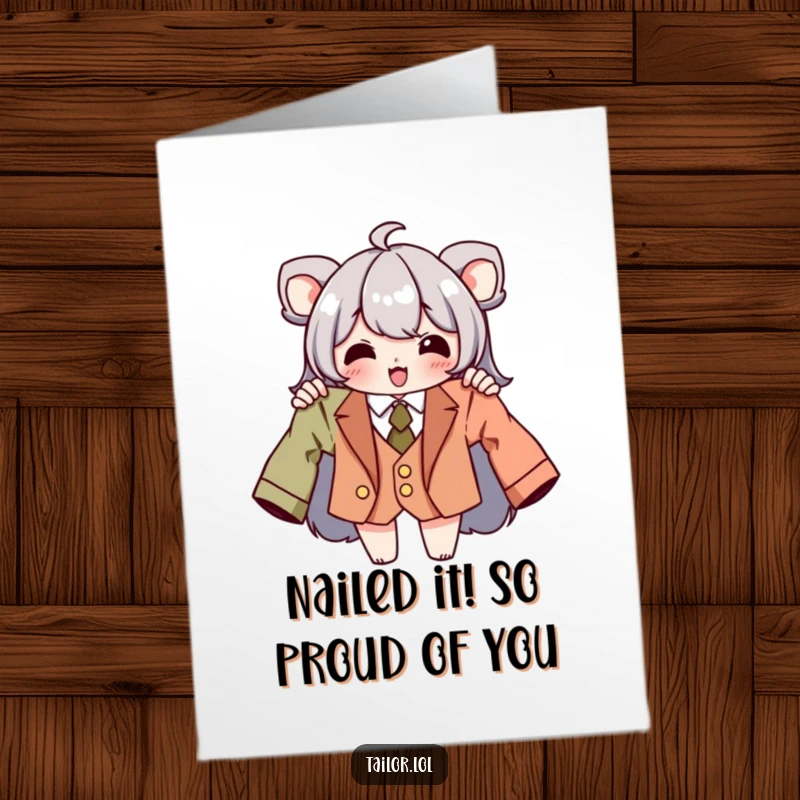 Funny free printable congratulations card with a proud character displaying a comically bad tailored outfit.