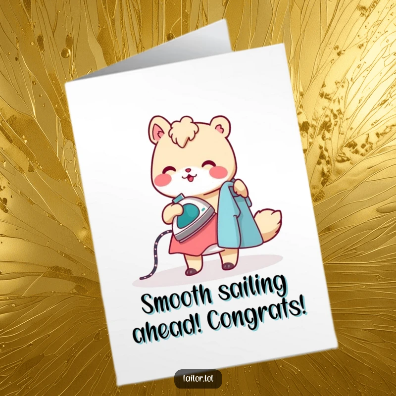 Funny Free Printable Congratulations Card: Cheerful animal character ironing apparel with a small, steaming iron, celebrating success via download.