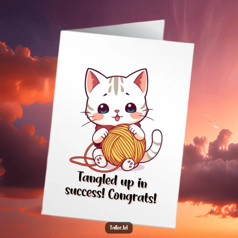 Funny Free Printable Congrats Card: a surprised Kawaii cat tailor in a mess of yarn, celebrating an achievement.