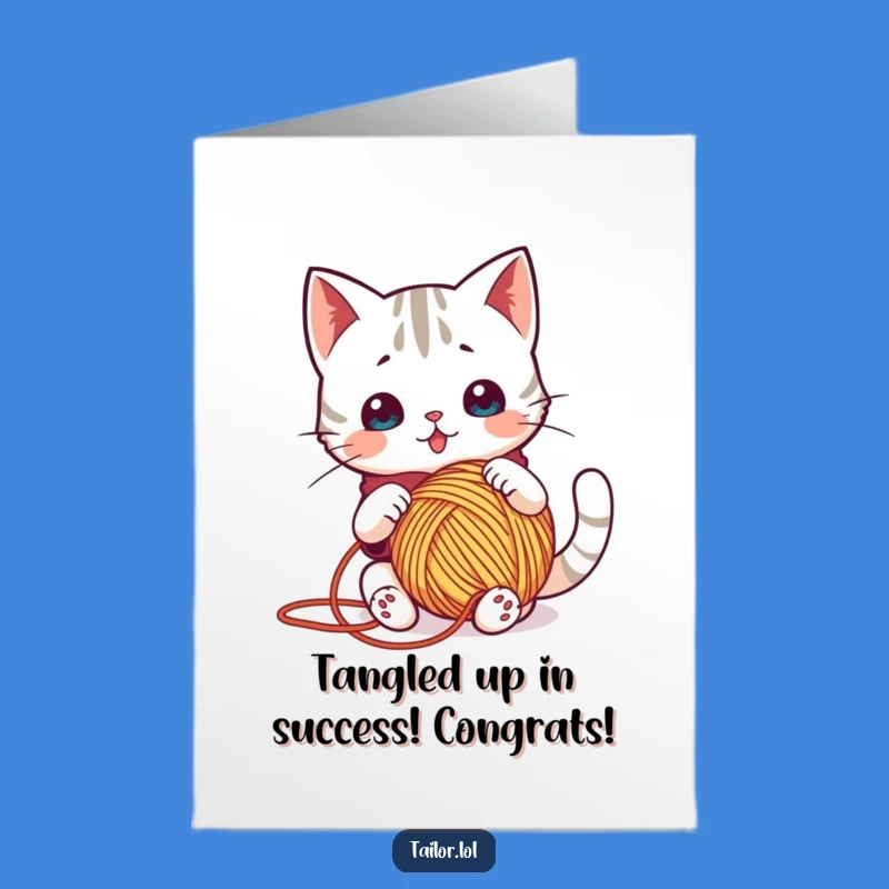 Free Printable Congrats Card: Kawaii Cat Yarn Trouble - Funny Downloadable Gift